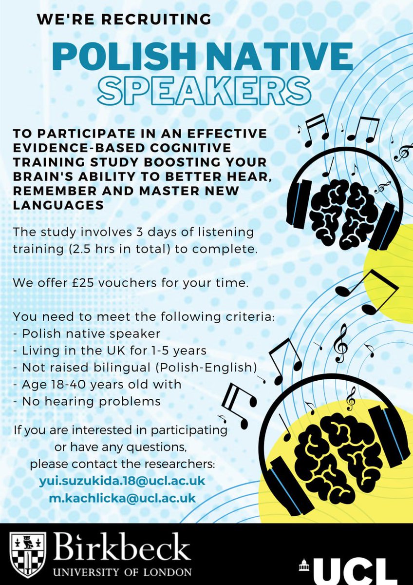 Auditory precision helps you learn new languages! 
Our research team have developed an online listening training to boost your brain's function to efficiently master languages! If you are or you know someone who speaks Polish and Mandarin as native language, please let us know!