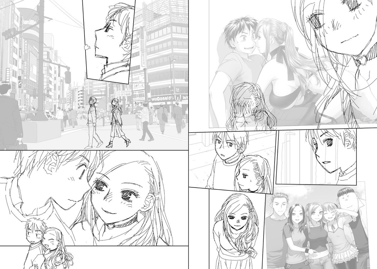 見開き単位で作業してた連載の下描き
台詞フキダシ擬音無しバージョン64↓

この連載の中で一番人が多いシーン😅 