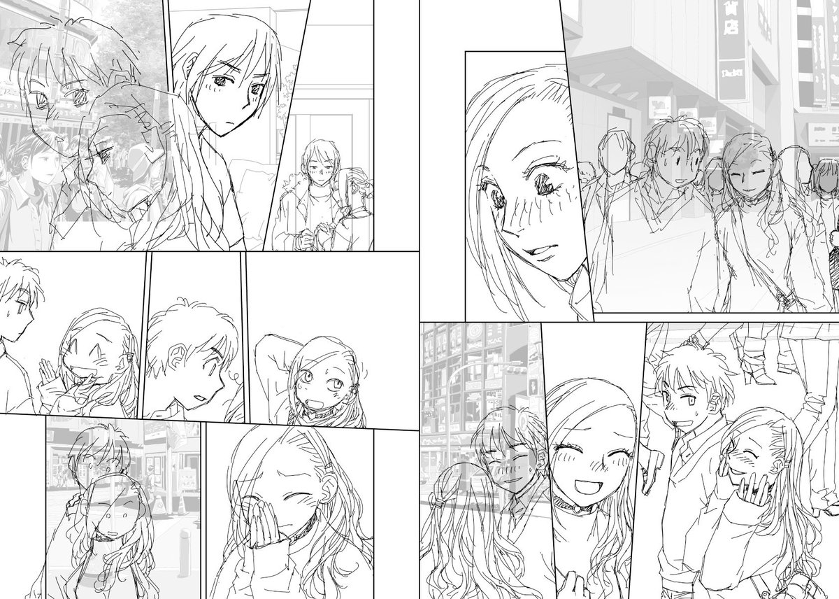 見開き単位で作業してた連載の下描き
台詞フキダシ擬音無しバージョン64↓

この連載の中で一番人が多いシーン😅 