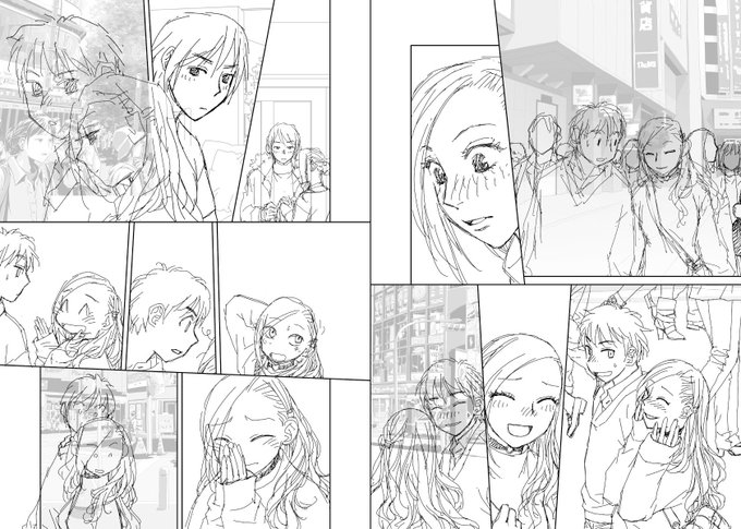 見開き単位で作業してた連載の下描き
台詞フキダシ擬音無しバージョン64↓

この連載の中で一番人が多いシーン😅 