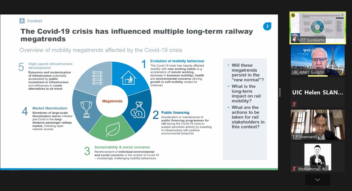 [#rail Event] #UICrail’s @mguigonUIC shares recommendations &amp; best practice at international webinar hosted by <a href="/utp_surakarta/">Kampus Para Juara</a> on “Public Transportation: Advanced-Green Technology and Safety in the aftermath of the COVID-19 Pandemic” #NewNormal #trends #mobility