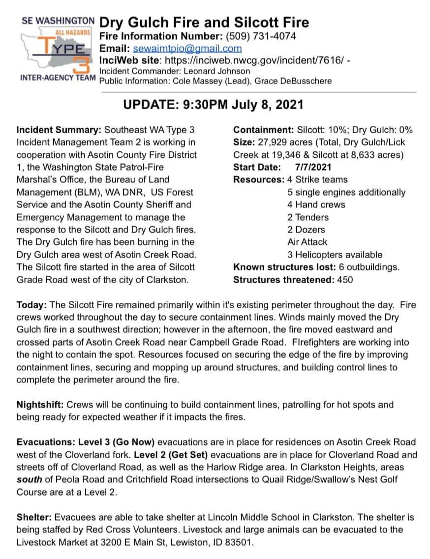 EWFIREANDHAZARD's tweet photo. DRY GULCH FIRE - SILCOTT FIRE 
UPDATE: JULY 8, 2021 (Night Update)

Dry Gulch/Lick Creek 19,346 acres
Silcott 8,633 acres

*Source: Inciweb
#DryGulchFire #LickCreekFire #SilcottFire #AsotinComplex https://t.co/51jQW2b9te