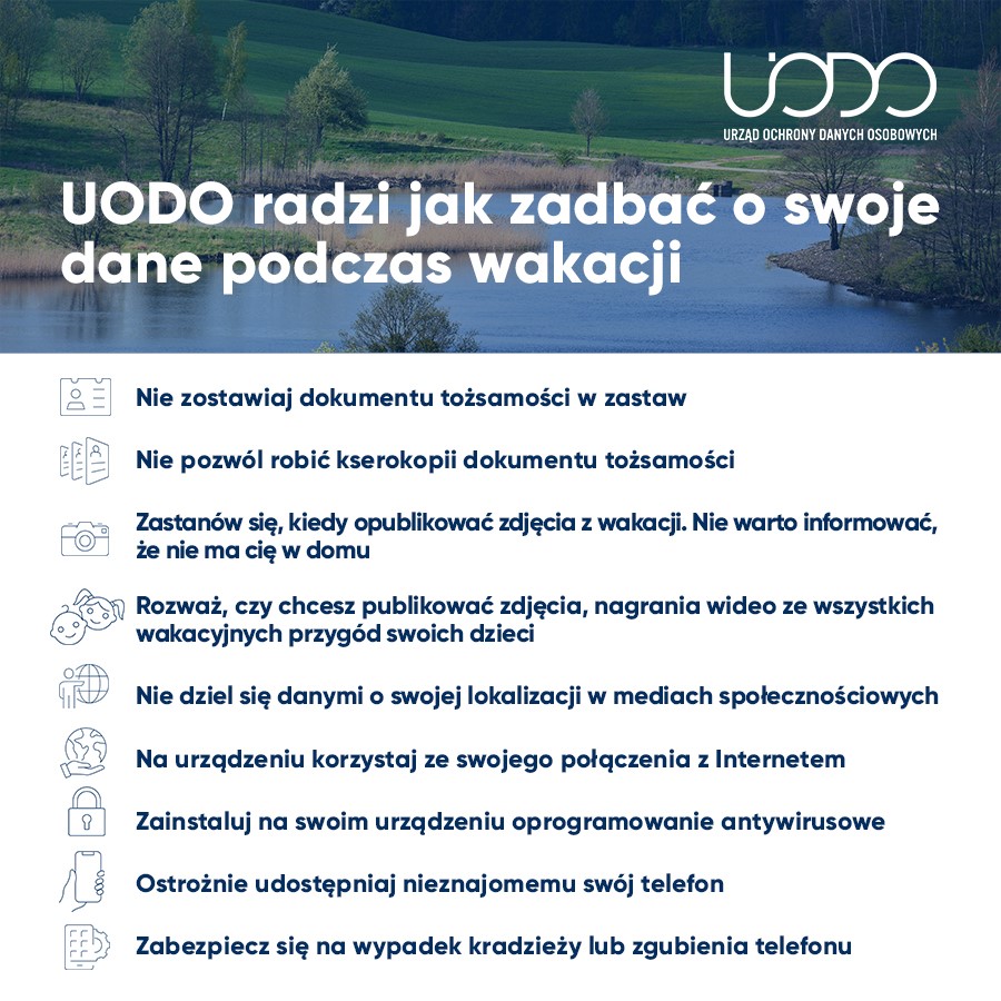 UODOgov_pl's tweet image. 📣 Przypominamy, że okres wakacyjny nie zwalnia nas z dbania o bezpieczeństwo naszych danych osobowych.
Warto zastosować kilka poniższych wskazówek, aby uchronić się przed potencjalnymi problemami związanymi z udostępnianiem danych ⤵️