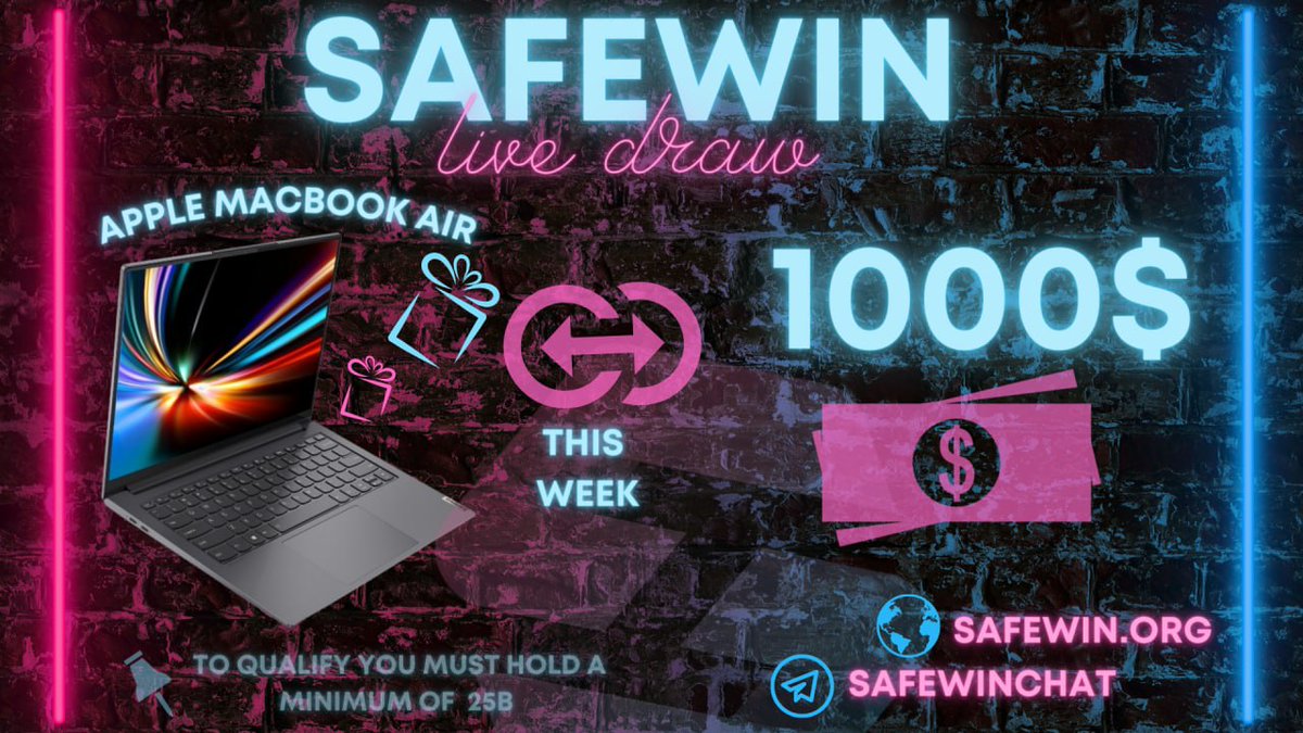 Who wants to win a Macbook Air? 💎 

Buy 25 billion tokens to qualify 💰

100 billion giveaway prize available for those who hold 5 billion 💥

$1000 prize awarded if we reach 6k holders 😱

Live draw tonight at 20:00 UTC
#safewin #giveaway #Cryptocurency
#jointherevolution