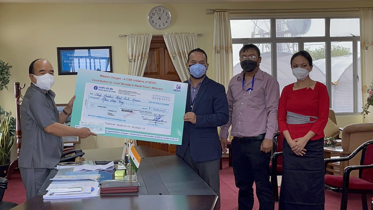 ZoramthangaCM's tweet photo. Heartfelt gratitude towards North Eastern Development Finance Corporation Ltd. (NEDFi) Aizawl Branch, #Mizoram for donating ₹ 15.00 lakhs under their corporate Social responsibility programme themed ‘Mission Oxygen’ to the Chief Minister’s Relief Fund.

Kan lawm e. https://t.co/wZR1SP4Fsk