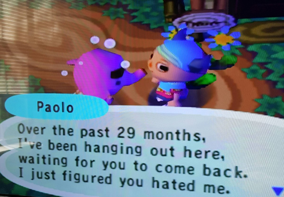 An image of the Animal Crossing for Gamecube where an animal named Paolo is telling the player "Over the past 29 months I've been hanging out here, waiting for you to come back. I just figured you hated me."