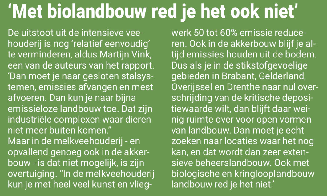 Een onderbelichte conclusie uit het recente rapport van het PBL ⁦<a href="/Leefomgeving/">PBL</a>⁩ is, dat de intensieve veehouderij relatief eenvoudig (bijna) emissieloos is te maken. Met biologische- en kringlooplandbouw lukt dat niet. Bijzonder dat ‘groene’ politici juist daarop inzetten.