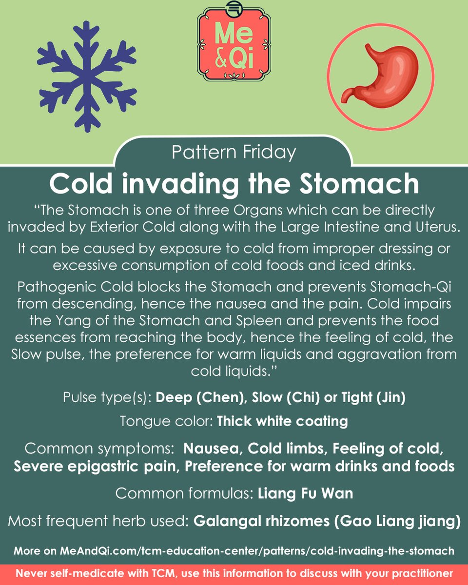 Pattern Friday! Today we look at Cold invading the Stomach: meandqi.com/tcm-education-…

#TCM #acupuncture #herbs #herbalism #naturalist #naturalbody #natural #naturelover