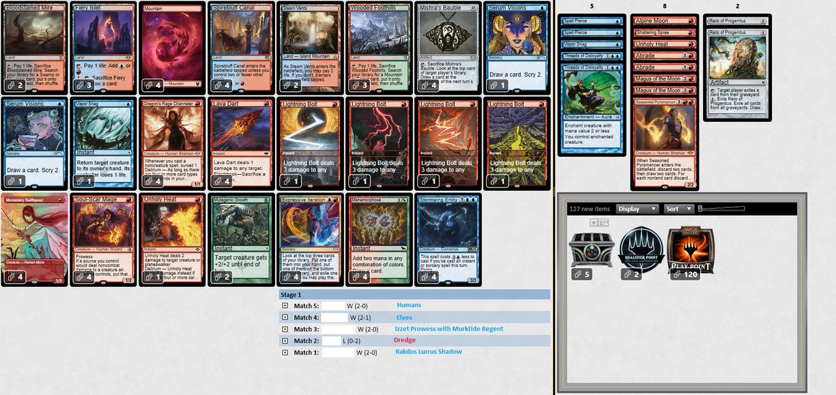 spellvine's tweet image. 2:3 into 4:1 for the first two Leagues of the new season. Very happy with the configuration so far!

The matches from the first League:
Hammer Time (0:2)
Grixis Lurrus Shadow (1:2)
Boros Prison (2:0)
Eldrazi Tron (0:2)
Five-Colour Elementals (2:0)