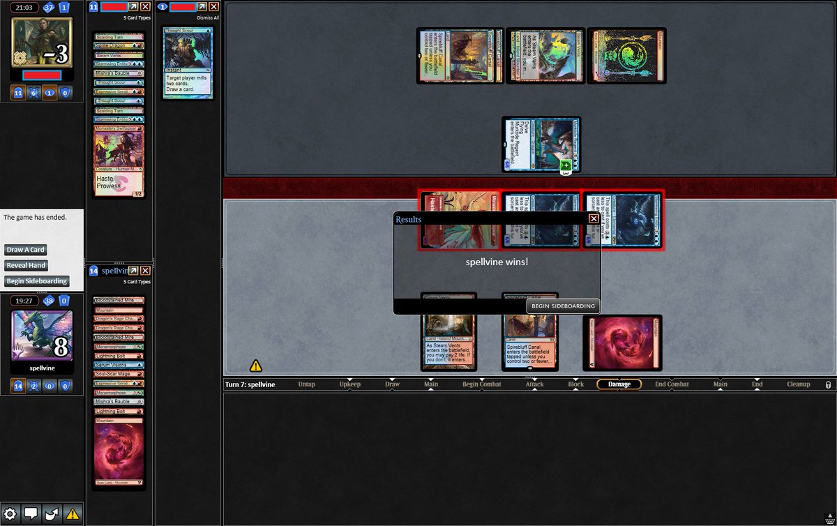 spellvine's tweet image. 2:3 into 4:1 for the first two Leagues of the new season. Very happy with the configuration so far!

The matches from the first League:
Hammer Time (0:2)
Grixis Lurrus Shadow (1:2)
Boros Prison (2:0)
Eldrazi Tron (0:2)
Five-Colour Elementals (2:0)