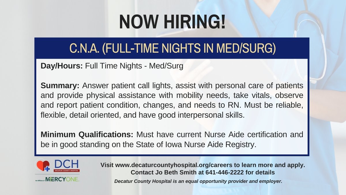 We're #hiring! Join our team as a C.N.A-Full time nights in med/surg and get great benefits and an awesome work environment. Help us deliver exceptional care, close to home. Learn more: decaturcountyhospital.org/careers/

#jobs #healthcarejobs #cnajob #cnajobs #job #joinourteam #werehiring