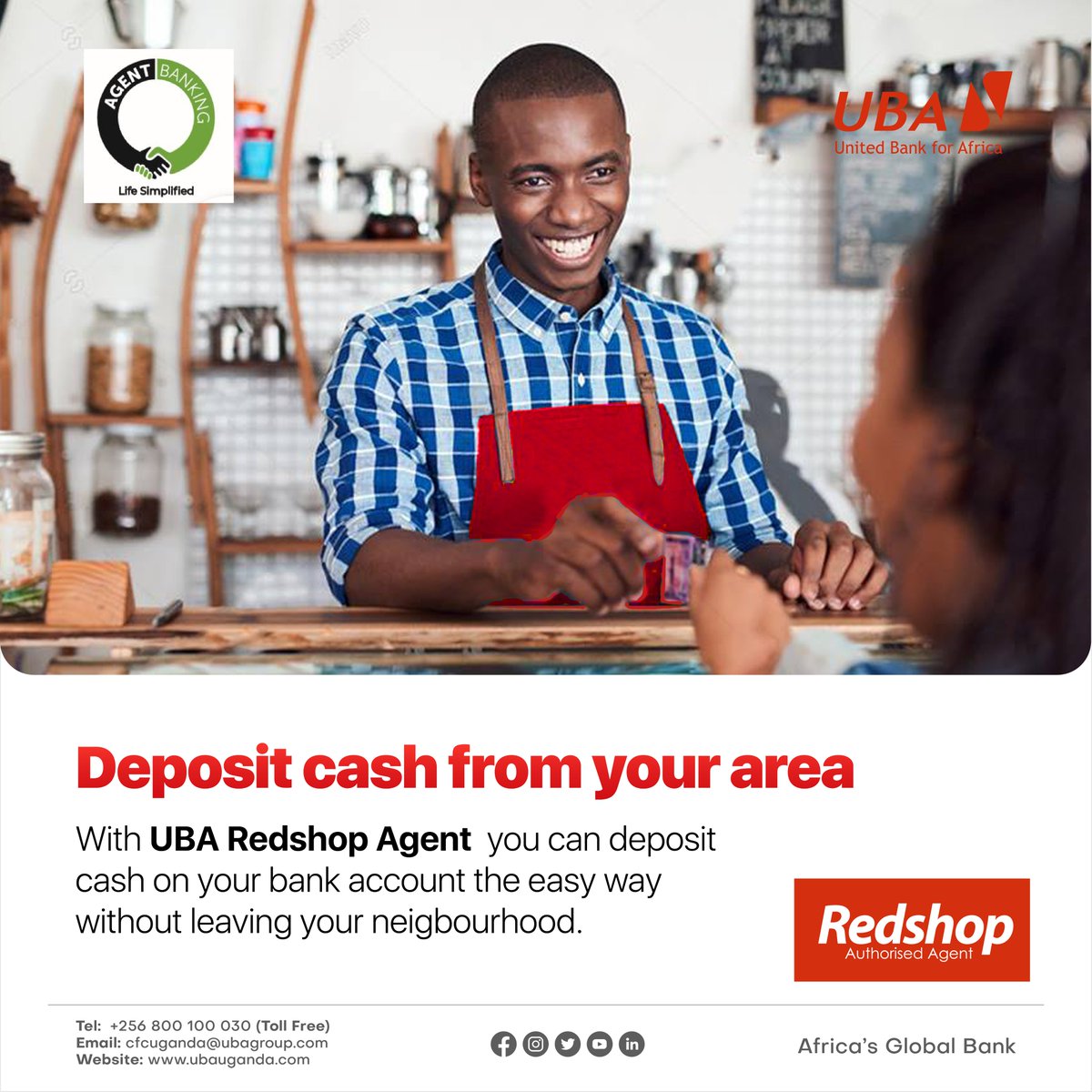 UBAUganda's tweet photo. With the UBA Redshop Agent Banking, you can deposit money on your bank account without leaving your neighborhood. 

Simply visit that Agent with a handshake logo around the corner and deposit cash today. 

#RedshopAgentBanking #Redshop #UBAAgentBanking #TheGoodLifeWithUBA https://t.co/UYojmj8CGv
