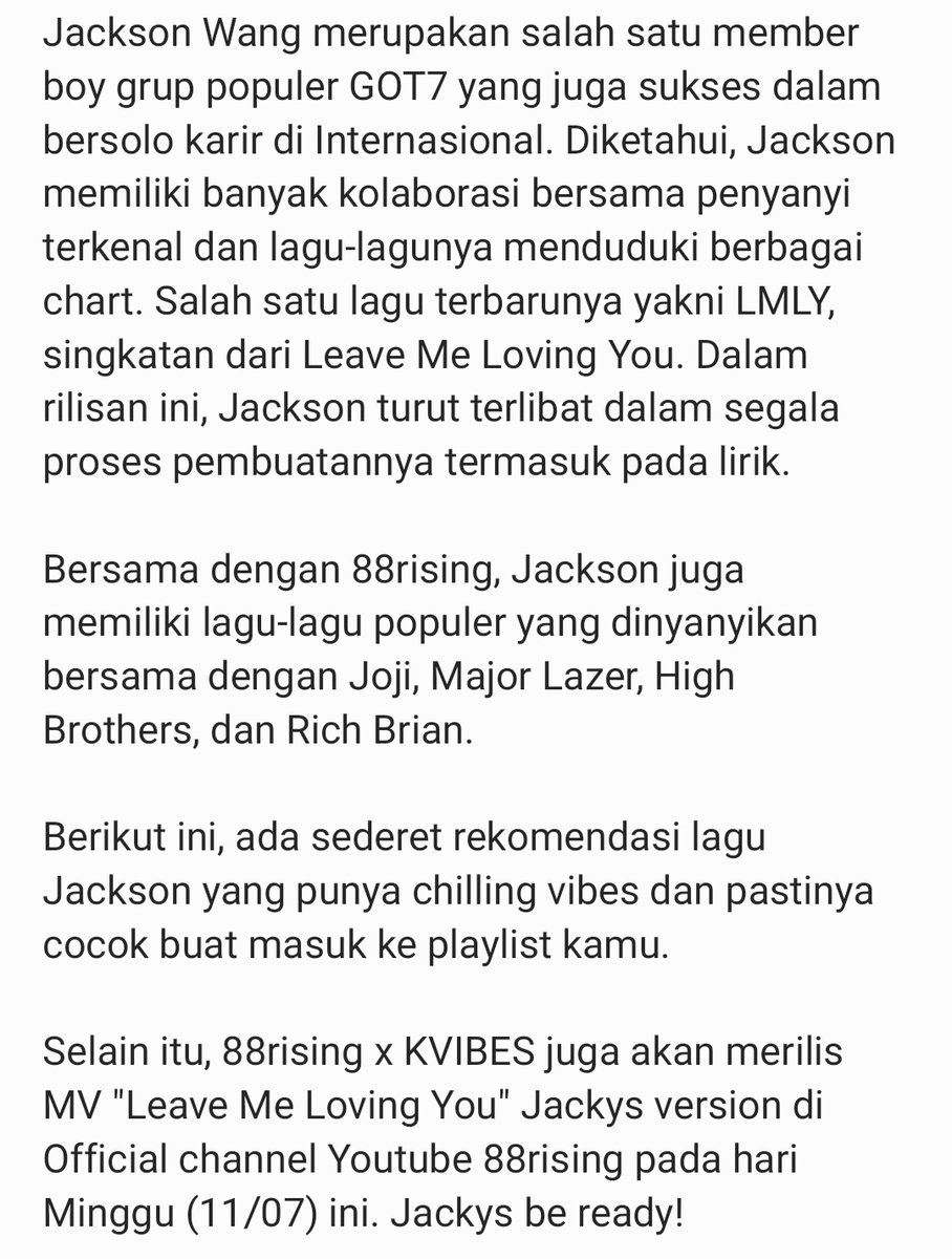 JACKSONWANGID's tweet photo. —20210709
Rekomendasi Lagu Jackson Wang Buat Nemenin Kamu Pas Lagi Santai
#JacksonWang
#TEAMWANG
#Jackysversion
#LMLY
#LeaveMeLovingYou
#88rising https://t.co/q0sfkLSaD0
