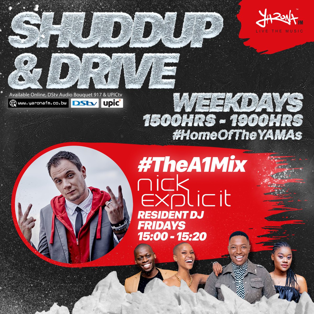 yaronafm's tweet photo. #HomeOfTheYAMAs
Get your dancing shoes on, @NickExplicit is on #A1Mix! @swaythadj wants to hear your thoughts on #RoadblockQuestion - o nagana gore what's President @OfficialMasisi going to address on the 13th? 🎶🎵 📻 🔥
#YaronaFM #ShuddupandDrive https://t.co/3KygseJosU