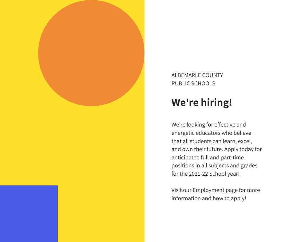 We're actively hiring teachers and school staff! Come join us -- see our Employment page for more information and how to apply. bit.ly/3hsCLO2