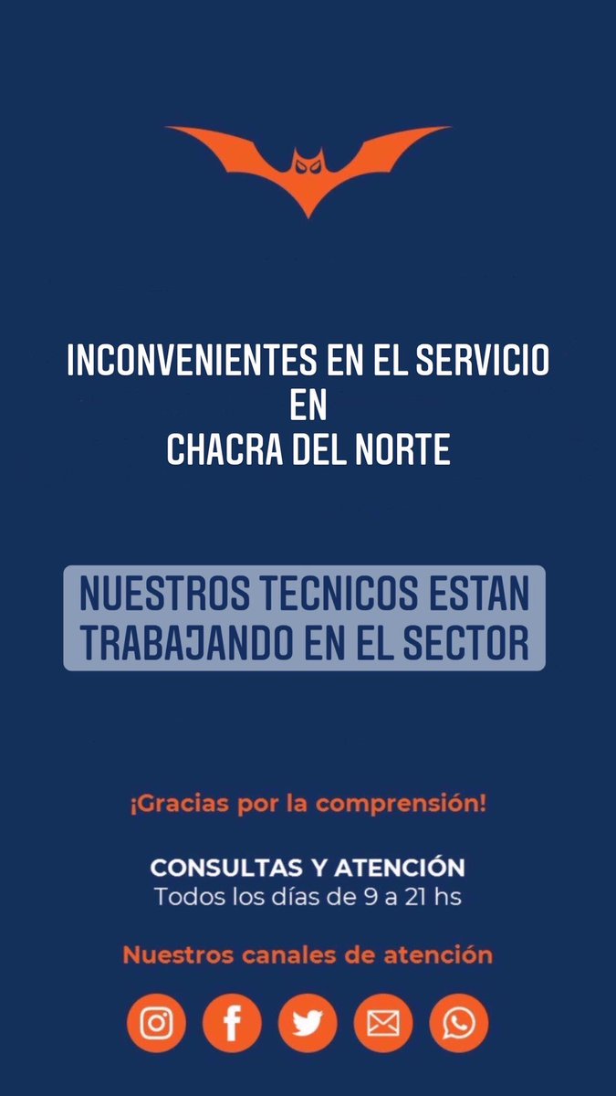 Inconvenientes en el servicio en Chacra del Norte.
Nuestros técnicos están trabajando en el sector.