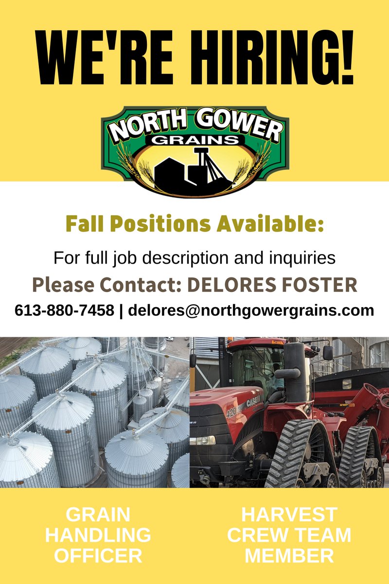 We're looking for some help for the coming fall season! 

Please contact Delores Foster at 613-880-7458 or delores@northgowergrains.com for any questions or inquiries. 

re-tweets appreciated. 

#northgowergrains