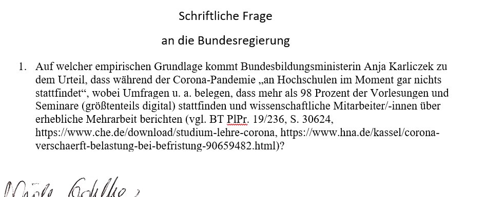 Habe heute eine Frage an #Karliczek eingereicht, 
wie sie eigentlich darauf kommt, dass die #Hochschule in der Pandemie "blau macht". 

Bin gespannt, woher das #BMBF ihr Wissen bezieht ... 

#WissZeitVG reformieren! #IchBinHanna