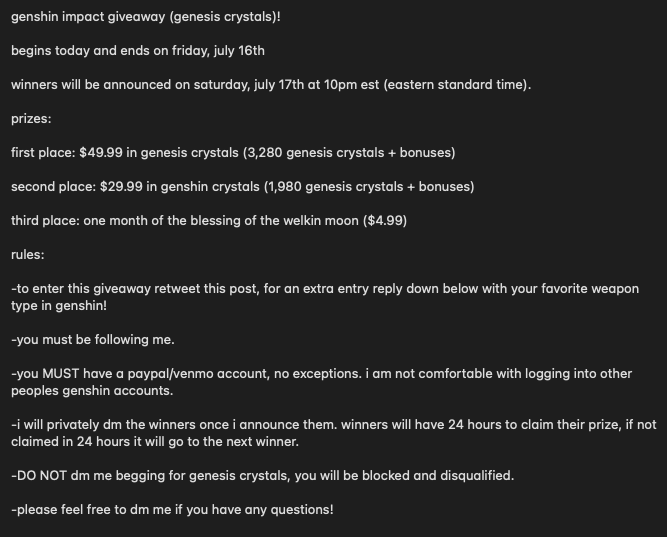 hello #genshintwt! doing another giveaway for 2.0, rules are down below! 

have fun and good luck everyone!