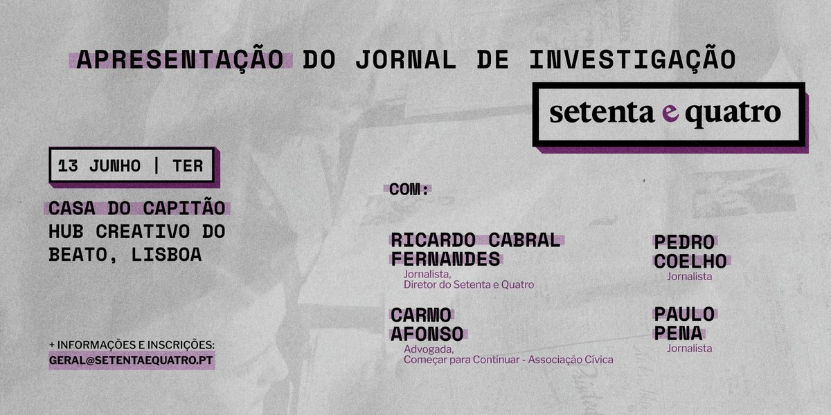 Ricardo <a href="/CabralFernande5/">Ricardo Cabral Fernandes</a> é o diretor do Setenta e Quatro e vai estar à conversa com <a href="/PedroMCoelho/">Pedro Coelho</a>, Paulo Pena, <a href="/carmoafonso/">carmo afonso</a> e <a href="/AnaMartinsGomes/">Ana Gomes</a>. 

A apresentação contará ainda com as atuações de Maria Reis, @lucargel e Chima Hiro.

📨+ informações: geral@setentaequatro.pt
