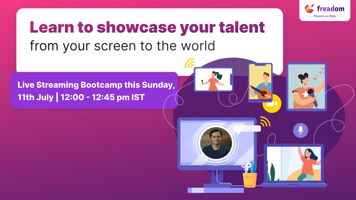 getfreadom's tweet photo. Got a creative young child? Sign them up for our Live Streaming Bootcamp this Sunday at 12pm IST: https://t.co/88QMwKDd84
Expert mentor & content creator Ganesh Pai will walk them through the whole process!
#livestreaming #streamer #youtubeclass #workshop #free #gamer #liveapp https://t.co/WNAGt0x3iE