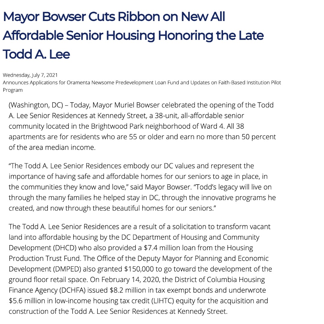 #ICYMI The ribbon has been cut on the Todd A. Lee Senior Residences at Kennedy Street, the first of many projects that will honor the Lee Legacy across the District of Columbia! Read more about this affordable project reserved for D.C. seniors at our ow.ly/OJir50Fszzx