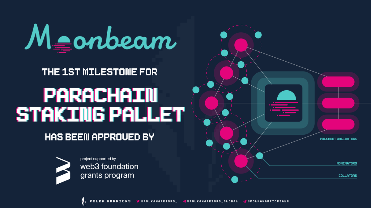 1/ <a href="/MoonbeamNetwork/">Moonbeam</a> announced the 1st milestone for their parachain staking pallet had been approved by <a href="/web3foundation/">Web3 Foundation</a> Grant. 

Since there is currently no staking pallet for parachains included in <a href="/substrate_io/">substrate_io</a> Moonbeam team has decided to build their own.

#PolkaWarriors $GLMR