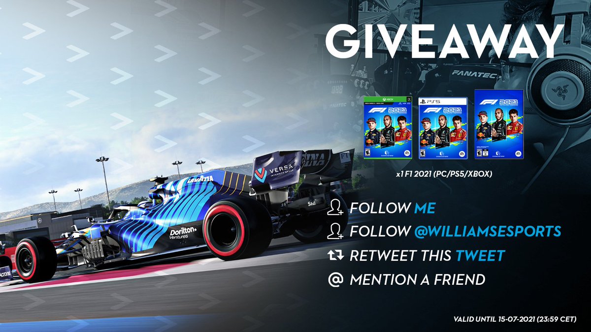 Michael_MR53's tweet image. F1 2021 GIVEAWAY! 🏁

For a chance to win a copy of the new 2021 @Formula1game:

- Follow me 👤
- Follow @WilliamsEsports 👥
- RT this tweet 🔁
- Mention a friend ☑️

Closes on Thursday 23:59 CET

Good luck! 🤞