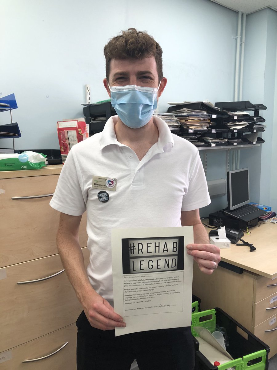 JudePT's tweet photo. @LawranceOwen for demonstrating what a huge difference @CriticalCareSLT can make to patients. Eye gaze tech, proactive muscle exercise and patients goal of eating a McDonalds achieved. Our first SLT legend but definitely not the last!! @royalhospital #REHABLEGEND https://t.co/IACiCrBUVT
