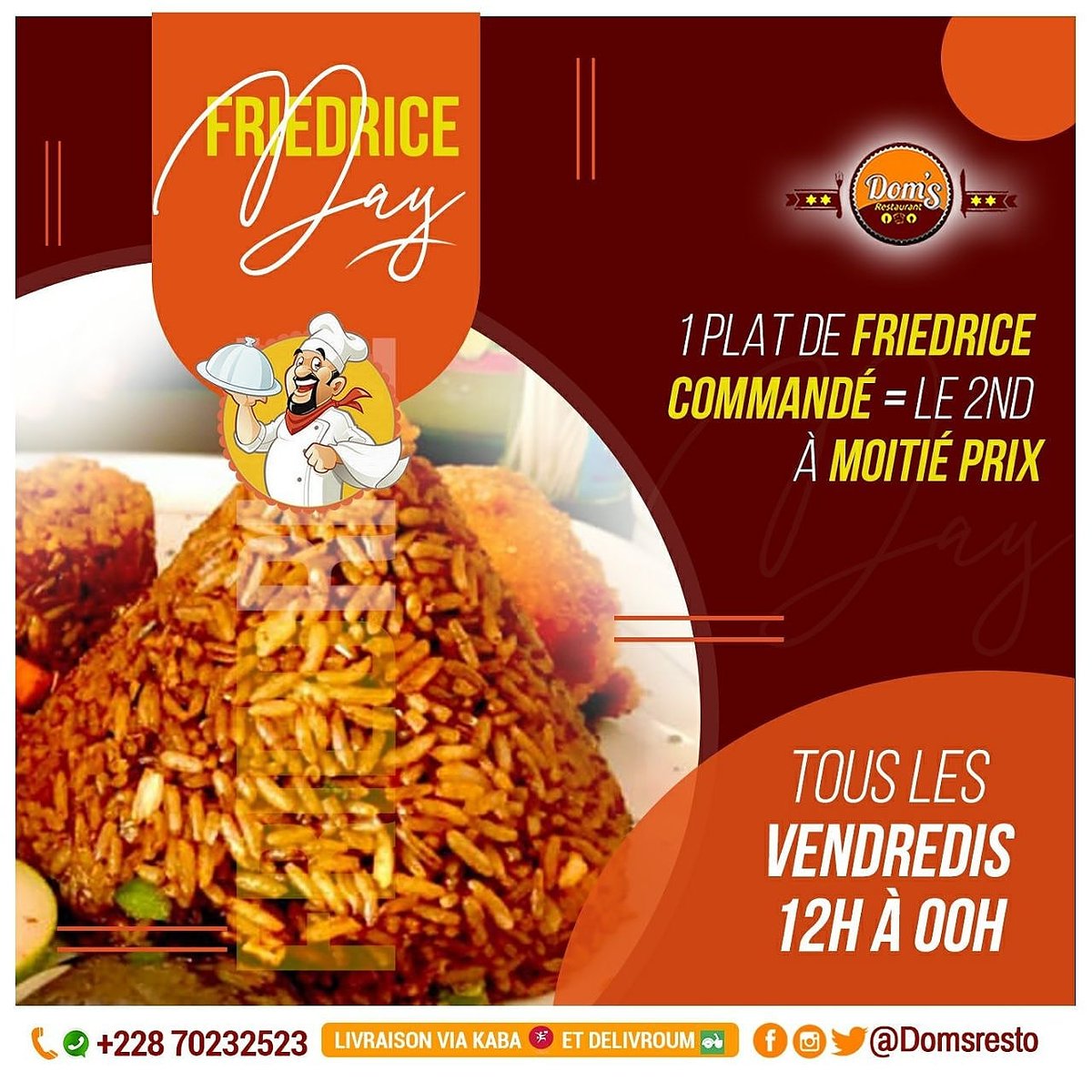 domsresto's tweet photo. C'est vendrediii ! C'est le jour de la promo #FriedriceDay à Dom's. 🙌
Livraison possible via @Delivroum et @kabadelivery 🤗
📍 Bvd Jean Paul II - Qtier Nukafu | 📞 +228 70 23 25 23 (Gsm/Whatsapp)
#domsresto #friedricelounge #friedrice #tgif #TT228 https://t.co/lF7Ezp5DkD