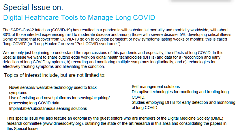 We have an exciting Special Issue announcement! Healthcare Technology Letters is running a Special Issue on Digital Healthcare Tools to Manage Long COVID. The submission deadline is October 2021 - don't miss out! bit.ly/3AI3Sw5 #COVID19 #LongCovid #HealtcareTechnology