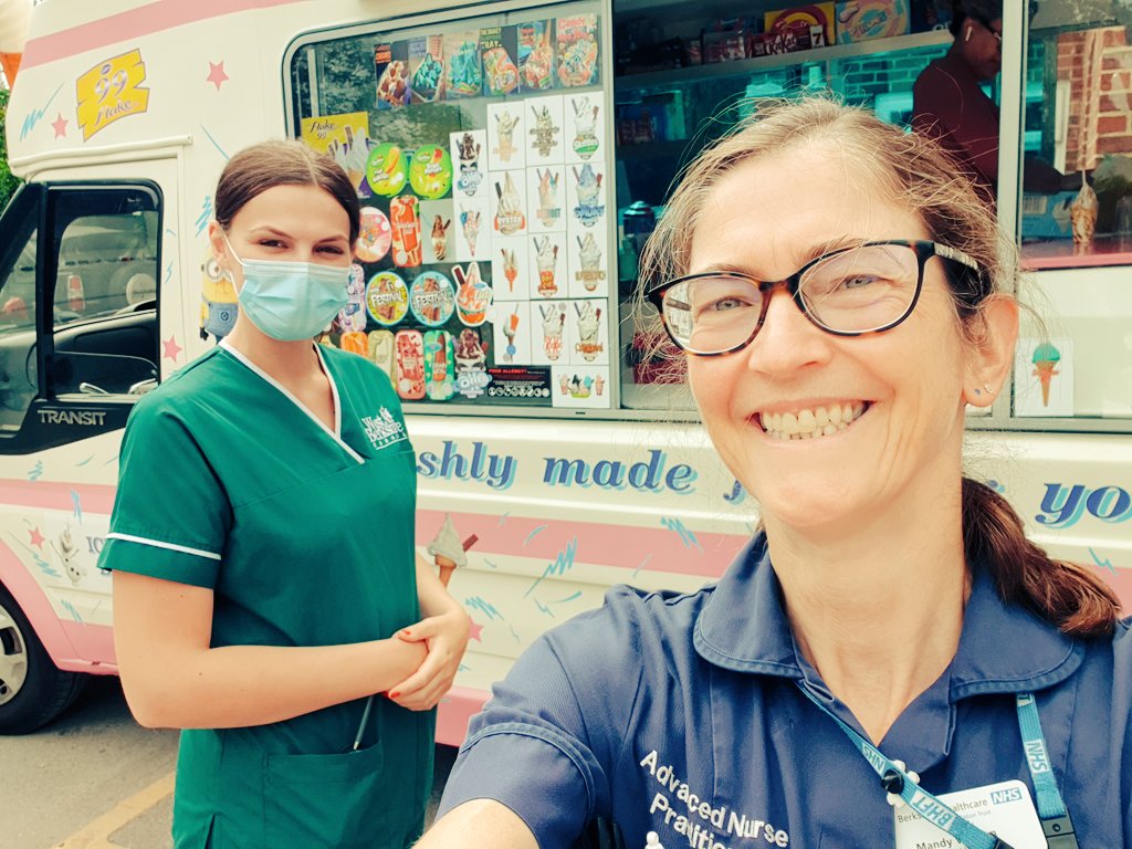 homefirstANP's tweet photo. An ice cream van came to one of our care homes yesterday #RRaT What a great idea, the excitement was so lovely to see, chocolate and toffee sauce everywhere!! Yes I had one...it would have been rude not to!! @BHFT @WestBerkshire @jennyroxilynne https://t.co/BK5nspQHK7