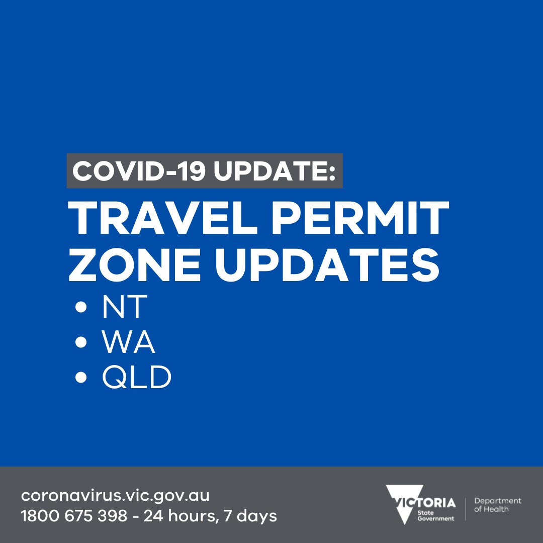 VicGovDH's tweet photo. The Victorian Acting Chief Health Officer has declared travel permit updates to NT, WA &amp; QLD under Victoria’s travel permit system, effective 11.59pm AEST Saturday 10 July. Read: https://t.co/u0VvPGiWRR 

#Covid19update https://t.co/UdykAyd6Ld
