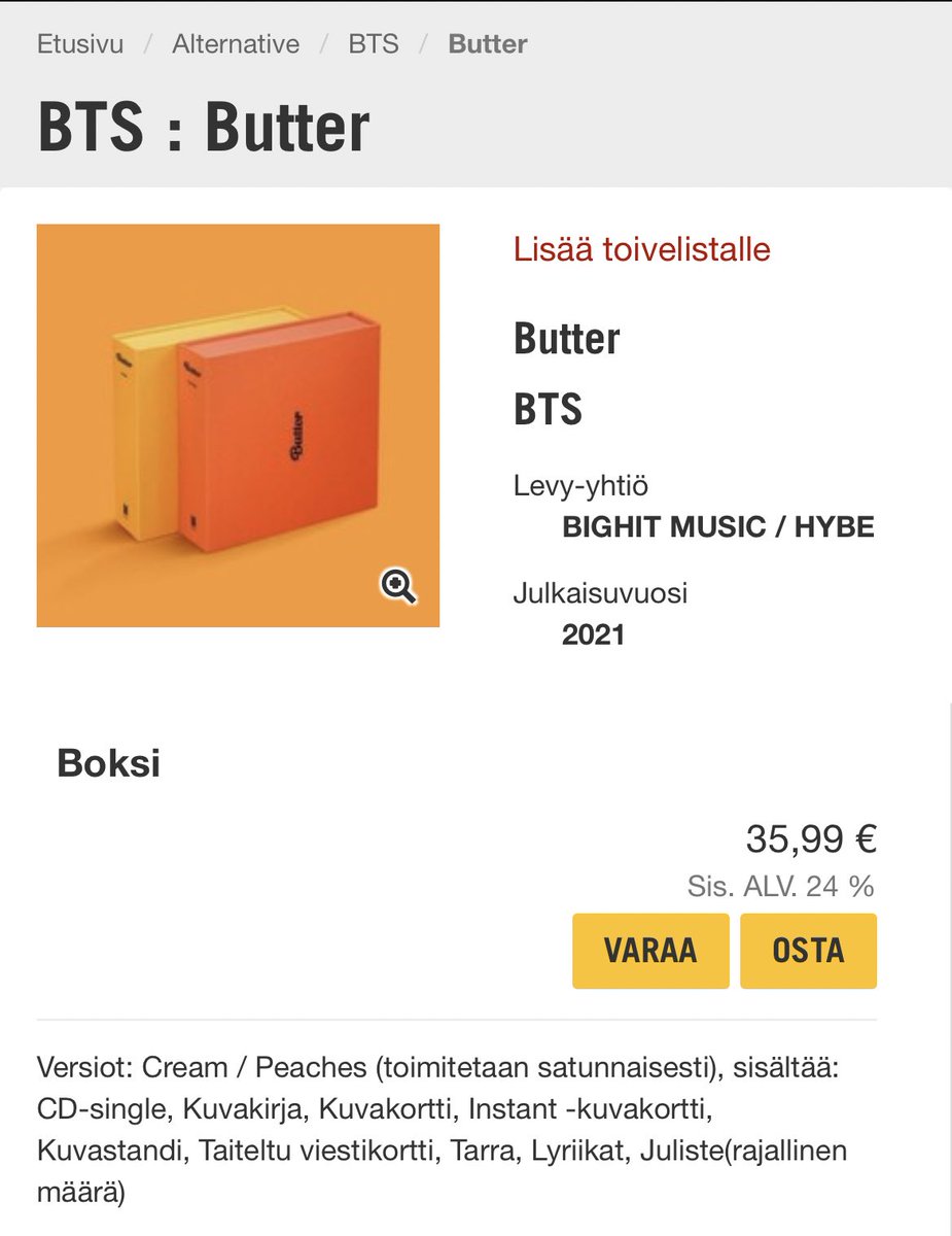 BTS_army_Fin's tweet photo. Nyt on jo joihinkin Levykauppa Äxän liikkeisiin tullut Butter CD!
Näistä myymälöistä voi myös jo noutaa ennakkotilatut albumit!
Muiden myymälöiden tilanne päivittyy tänne kun levyt saapuvat
👇🏽
https://t.co/zAqSE1s3JF
#ButterCDOutNow #SaankoLuvan #PermissiontoDance @BTS_twt https://t.co/asv2purmqk