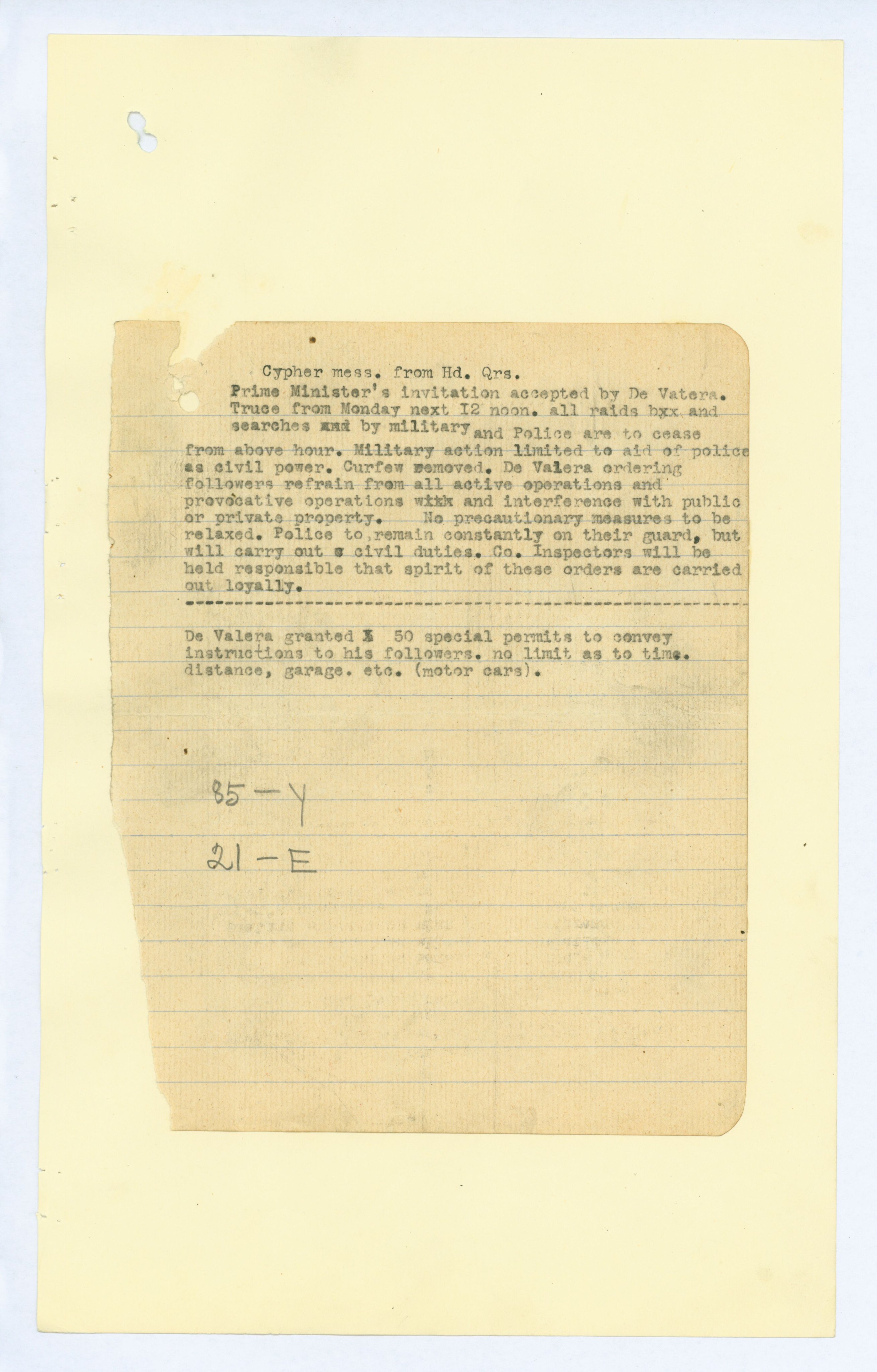 Typescript copy of deciphered message concerning the acceptance of the truce by Éamon de Valera 9 July 1921, DE/2/247/22