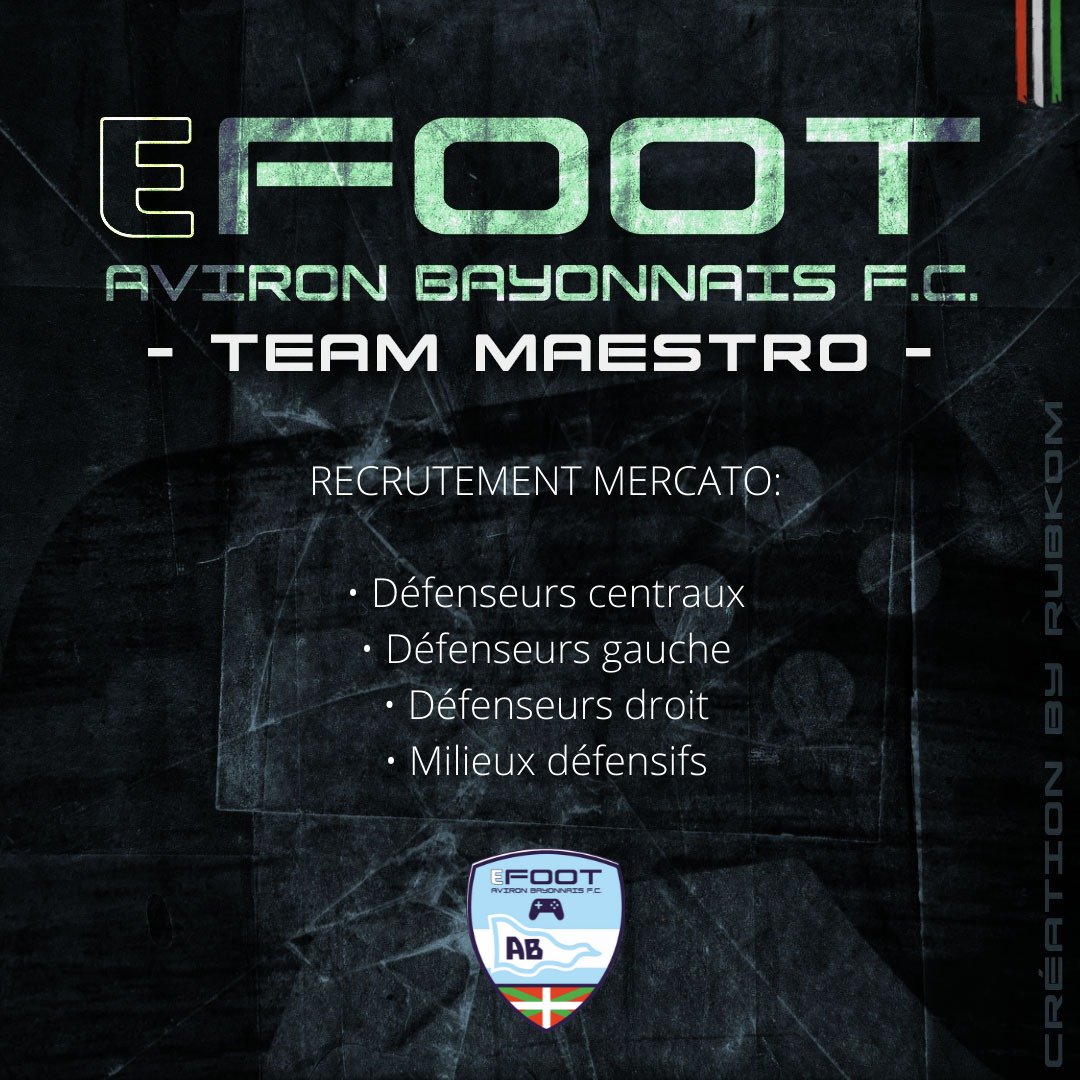 🔥 MERCATO

Afin de poursuivre son développement l'Aviron Bayonnais FC eFoot recrute sur certains postes pour sa team PES 10v10 ! 

📩 Merci de contacter <a href="/KevinMaestro11/">Kevin Maestro</a> pour plus d'informations.