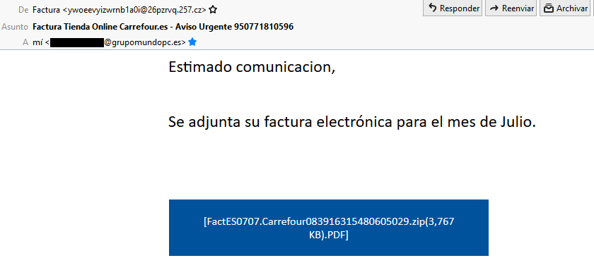 tiendasmundopc's tweet photo. Ya es rutina recibir mails fraudulentos, como este con una falsa factura de Carrefour. Siempre decimos que el mejor antivirus es uno/a mismo/a. ¿Cómo podemos detectar estos mails y evitar ser víctimas de robos de datos bancarios, personales y dinero? 

⚠ https://t.co/vQZNWkArAm https://t.co/63Zzmtpu0z