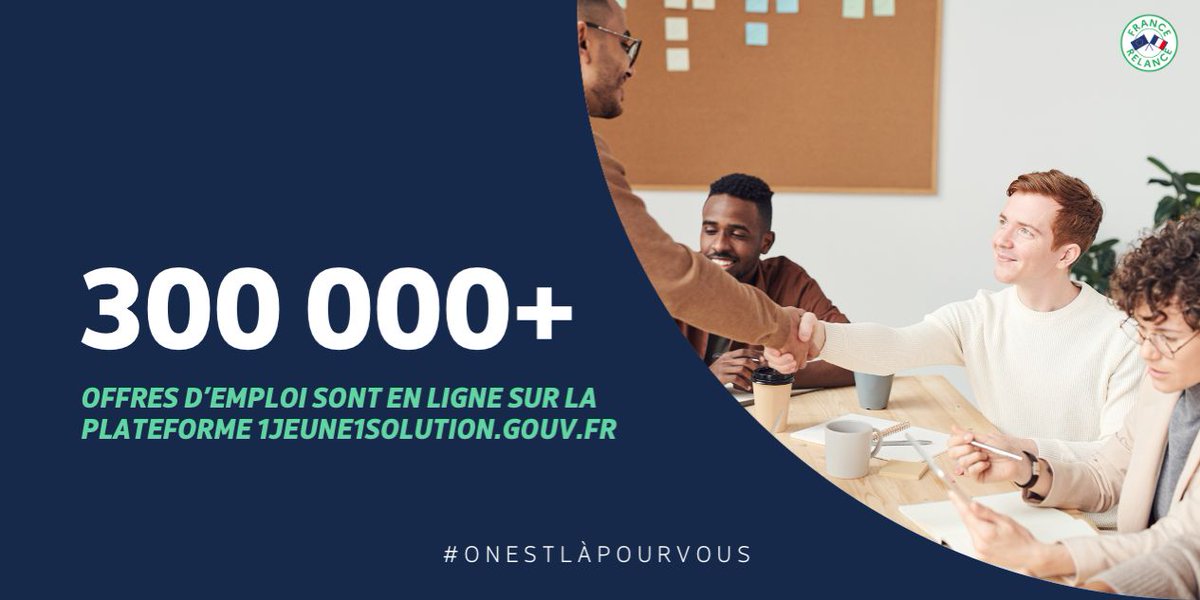 Entre août 2020 et mai 2021, la plateforme #1jeune1solution a permis à 1,8 million de jeunes de moins de 26 ans de trouver un CDI ou un CDD de + de 3 mois 🚀

Aujourd'hui, #1jeune1solution ce sont :
➡ 5 000+ entreprises engagées 
➡ 300 000+ offres en ligne

Rejoignez le…