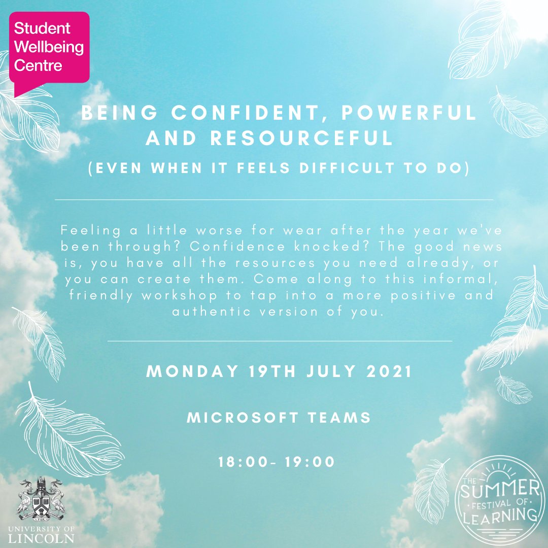 Become confident, powerful and resourceful. To get involved email studentwellbeing@lincoln.ac.uk or call 01522 886400.
<a href="/UniofLincolnSWC/">Student Wellbeing</a> <a href="/UoLScience/">College of Science, University of Lincoln, UK</a> <a href="/UoL_CSS/">UOL Social Science</a> @UniLincolnArts