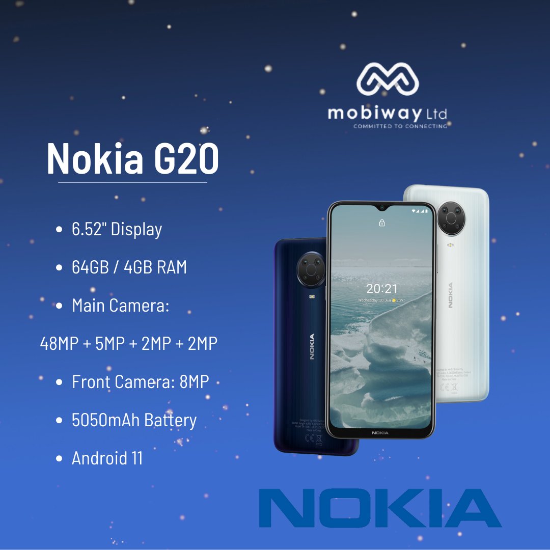 MobiwayKenya's tweet photo. Get the #Nokia G20 for its amazing features:
6.52" Display
64GB / 4GB RAM
Main Camera:
48MP + 5MP + 2MP + 2MP
Front Camera: 8MP
5050mAh Battery
Android 11
Shop now https://t.co/ectCitVE16 #MobiwayKenya #Committed2Connecting
omondi timon omosh mpesa #GithuraiToTheWorld https://t.co/pKHG6UEk1C