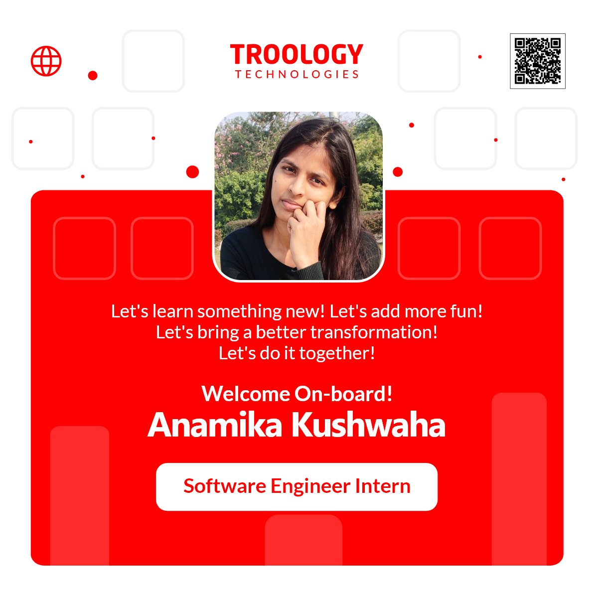 TROOLOGY's tweet photo. We are happy to welcome Anamika Kushwaha who has joined us as Software Engineer Intern.
Anamika Kushwaha - Welcome to the @TROOLOGY family.
#TROOLOGY #newhire #welcome #intern #hiring #recruitment #jobs #softwareengineer #job #jobsearch #nowhiring #careers #internship https://t.co/KBZee6mEQY