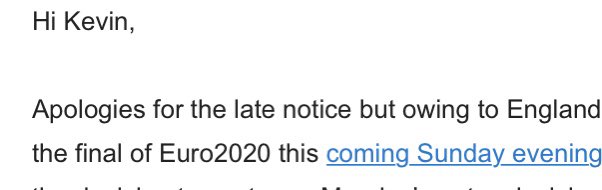 First event I've been invited to in "I don't how long" that hasn't been cancelled owing to COVID. Suppose I'm grateful even if England loses in Sunday night's final.