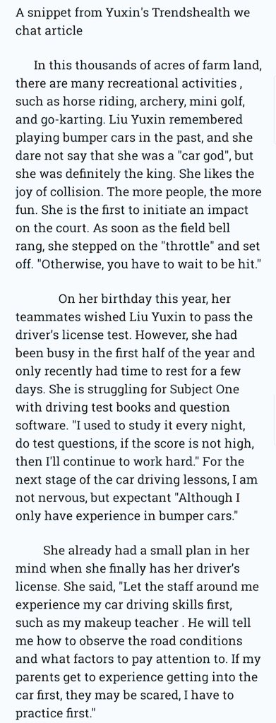 yuxinangel's tweet photo. A snippet from Yuxin's Trendshealth Interview article in WeChat:
Yuxin talked about her experience in Go-kart and her plans after she finally acquired her driver's license. She's so cute, hardworking and really the sweetest daughter ever.
#刘雨昕 #LiuYuxin #XinLiu https://t.co/Ac96GAmLB3