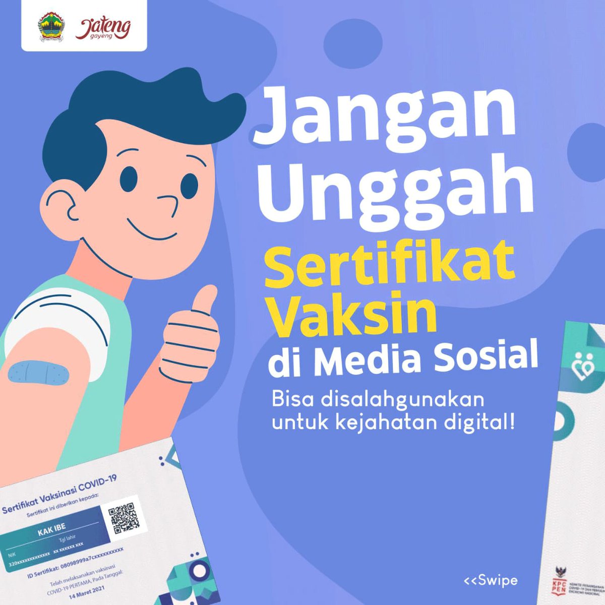 narkosun's tweet photo. Hati2 ya...

Jangan pernah mengunggah sertifikat vaksin ke medsos. Bisa disalahgunakan orang2 untuk kejahatan digital. https://t.co/uZL1KrGHyD