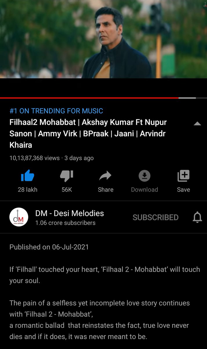 #Filhall2Mohabbat crosses #100million in just 3 days. Such a wonderful fact it is...it really deserves that. This song has brought #indianmusicindustry to the world level by breaking various music records, Hats off to the whole #Filhall2Mohabbat team & my idol #AkshayKumar ❤️❤️❤️