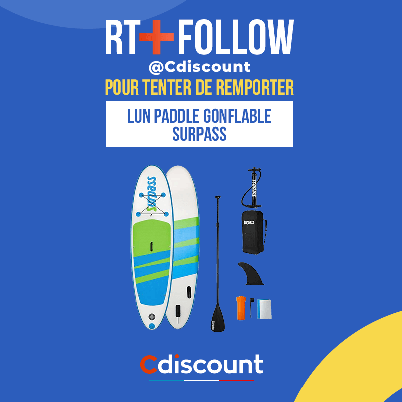 Cdiscount's tweet photo. 🎁 #Concours

On vous fait gagner un paddle gonflable Surpass pour profiter de votre été : https://t.co/WPN90I5CsM

Pour tenter ta chance :
🔶 RT + Follow @Cdiscount

🍀 TAS le 13/07 https://t.co/1j75cr4SlK