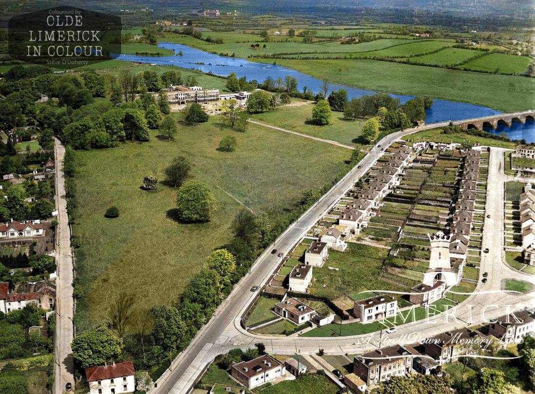 limerickcom's tweet photo. A view of Corbally in 1961, St. Munchin's College is just being built and no sign of the houses at Shannon Banks - Olde Limerick in Colour https://t.co/AGEr4kLUtk