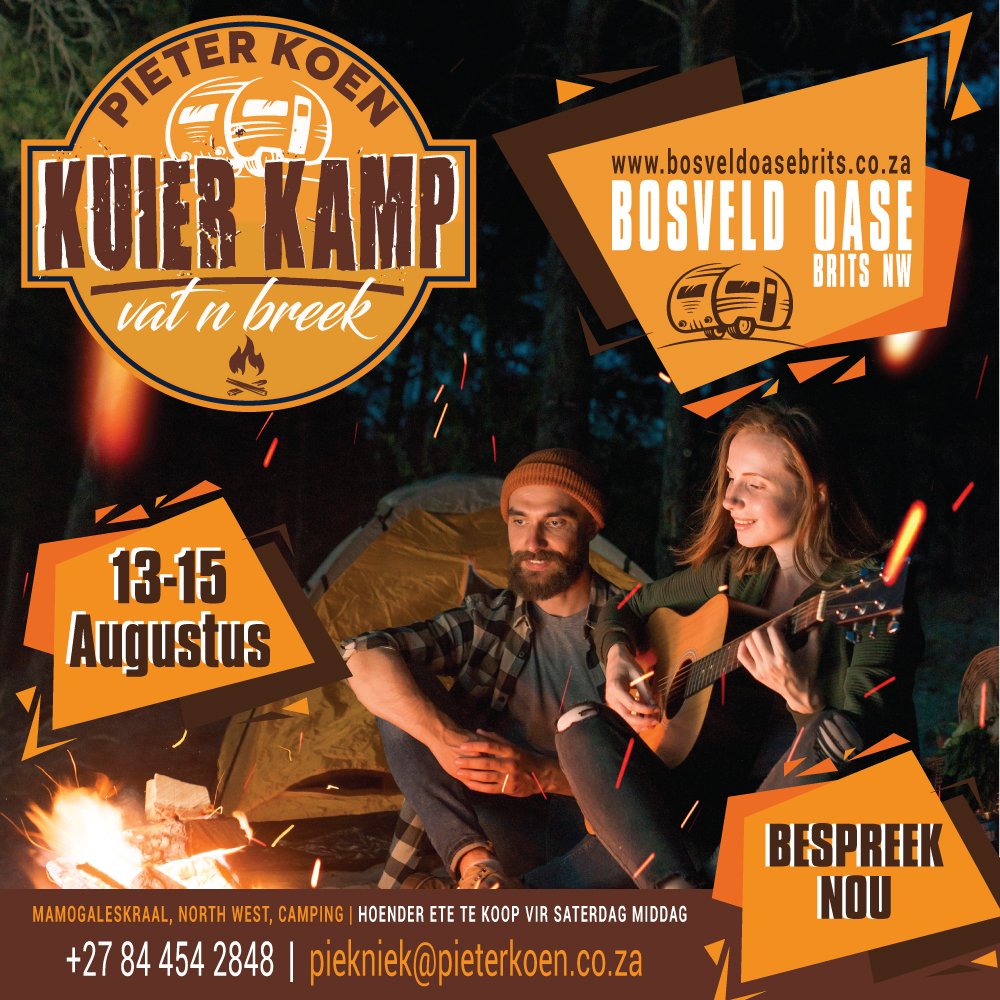 Voordat "cabin fever" jou ook die kranse laat uit hardloop. Stof af jou woonwa, vou op jou tent, trek jou 'kuier-skoene’ aan en vat die pad saam met ons vir 'n wegbreek Kuier Kamp soos min!"

Navrae &amp; Besprekings:
+27(0)84 454 2848
piekniek@pieterkoen.co.za