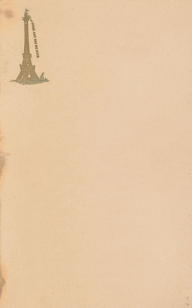 A sheet of stationery used by Gustave Eiffel, the engineer responsible for Paris’ iconic Eiffel Tower. Embossed in the corner is a picture of the tower, with a person at the top shouting “COME AND SEE ME SOON.” bit.ly/3womlKZ