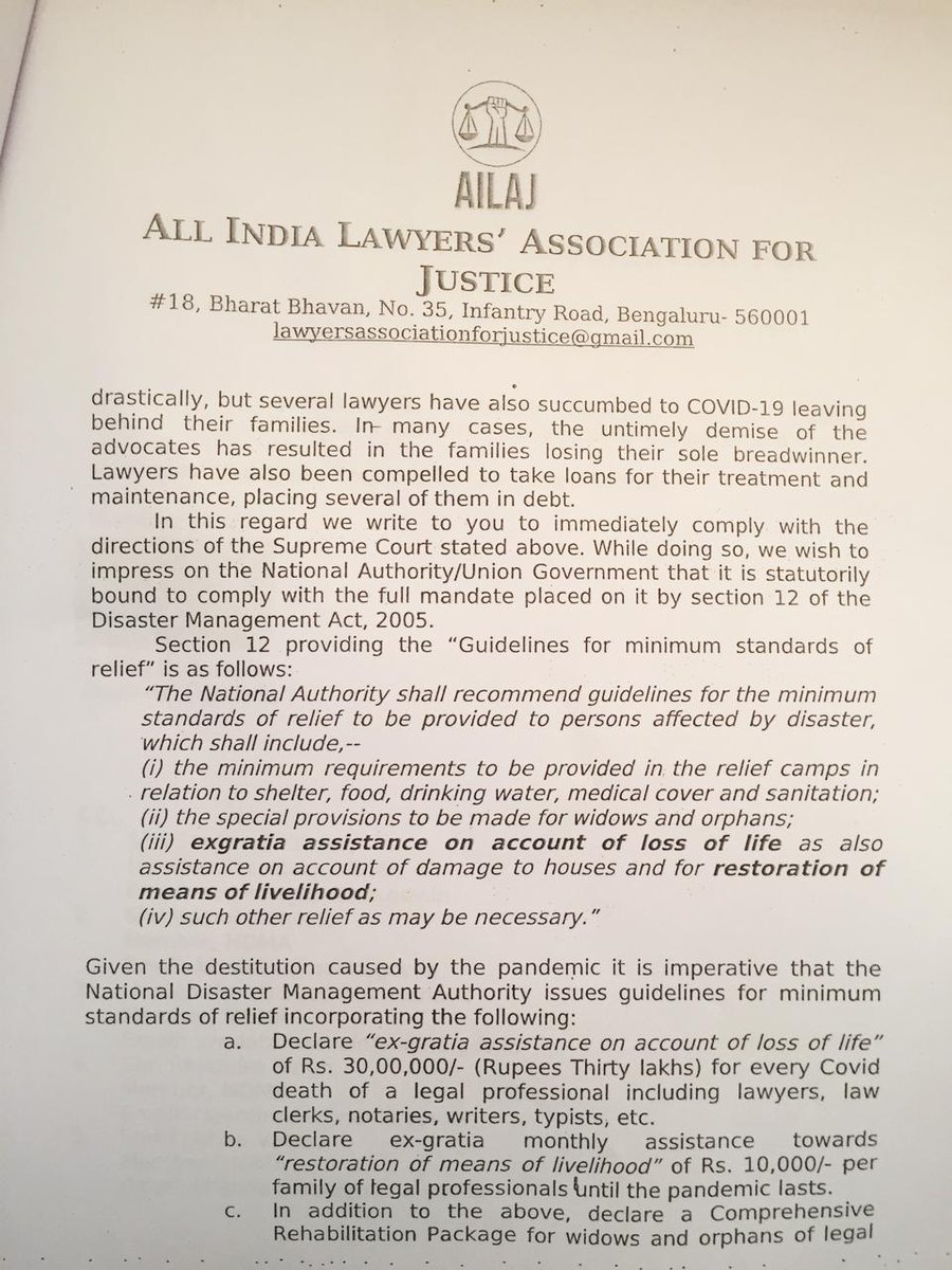 AilajHq's tweet photo. #AILAJ submitted letter to the chairperson of NDMA regarding compliance with section 12 of the Disaster Management Act,2005 and the directions of the Hon'ble Supreme Court in its judgement dated 30/06/2021 in Reepak Kansal versus UOI ( writ petition , civil- 554/2021) https://t.co/CrT1Dwxwa1